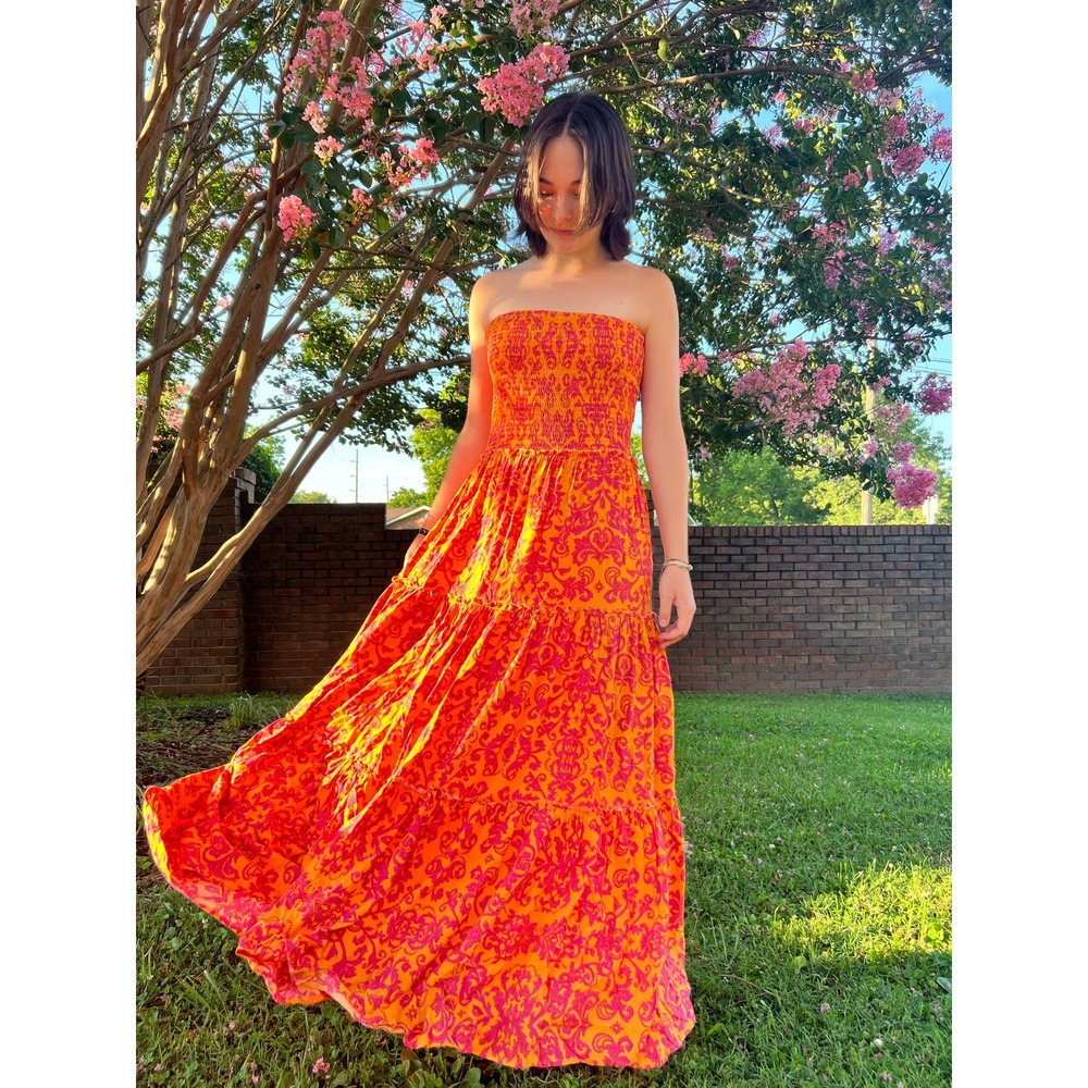 NEW Abel The Label Maxi Dress Strapless Smocked Tiered Floral Orange Pink